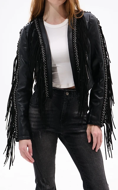 AZALEA WANG Olivier Black Faux Leather Fringe Western Jacket