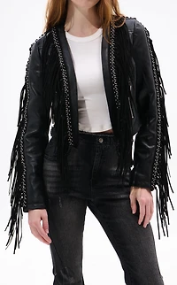 AZALEA WANG Olivier Black Faux Leather Fringe Western Jacket