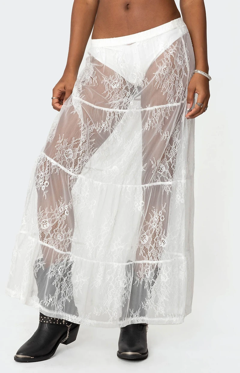 Edikted Tiered Sheer Lace Maxi Skirt