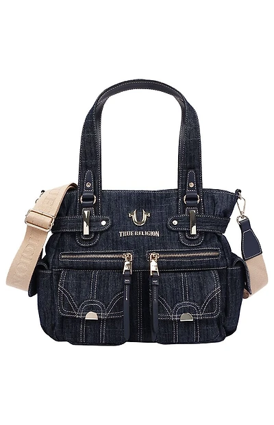 True Religion Multi Pocket Dark Denim Cinch Tote Bag
