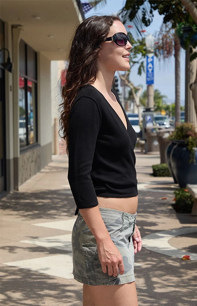 John Galt Black Quarter Sleeve Wrap Sweater Top