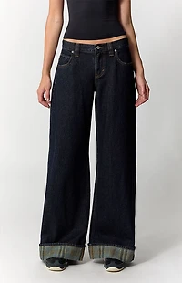 Pacsun Sloane Low Rise Ultra Baggy Jeans Plaid Roll Cuff Dark Blue