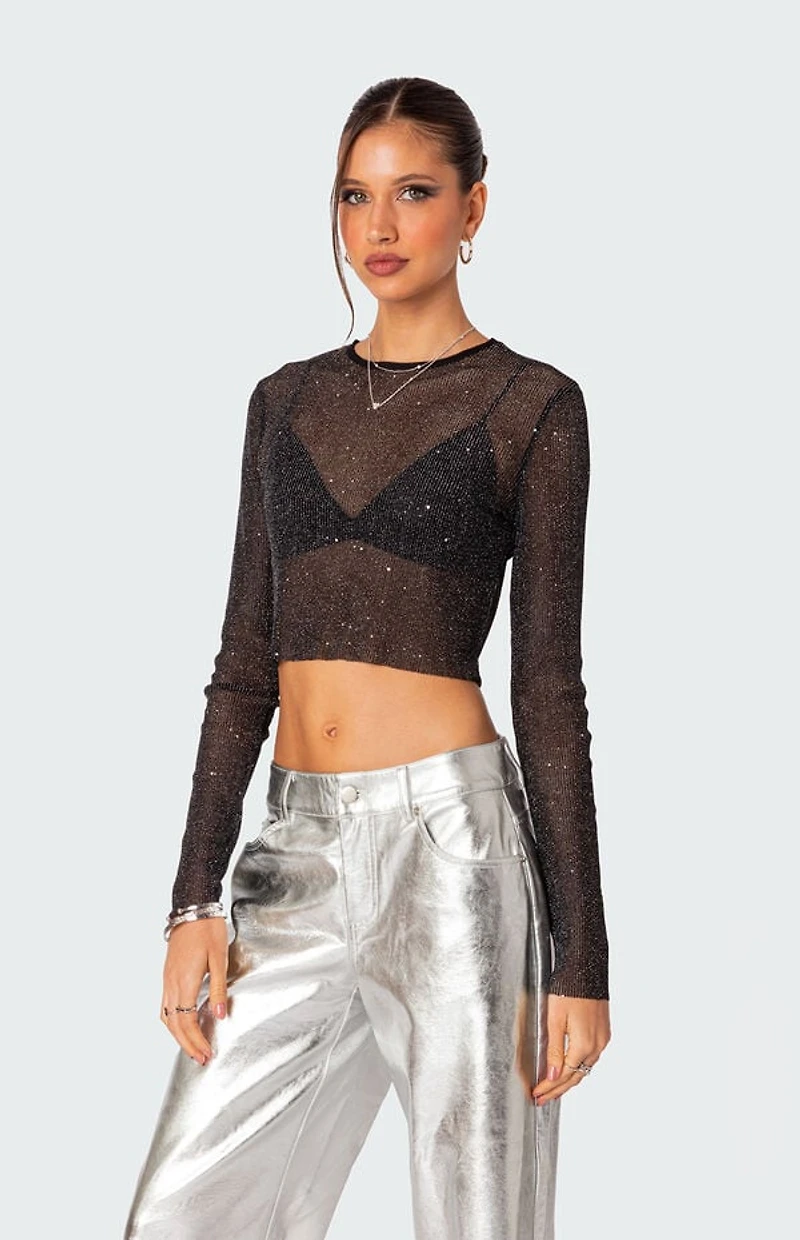 Edikted Marly Sheer Shimmer Sequin Long Sleeve Top