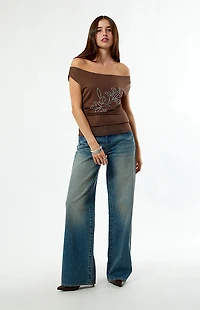 Third Charm Studded Floral Off-The-Shoulder Top