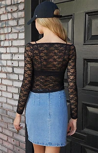 John Galt Black Square Neck Long Sleeve Mesh Top