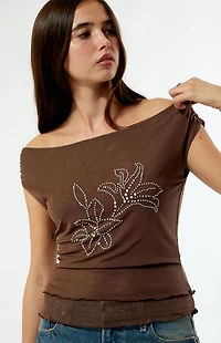 Third Charm Studded Floral Off-The-Shoulder Top
