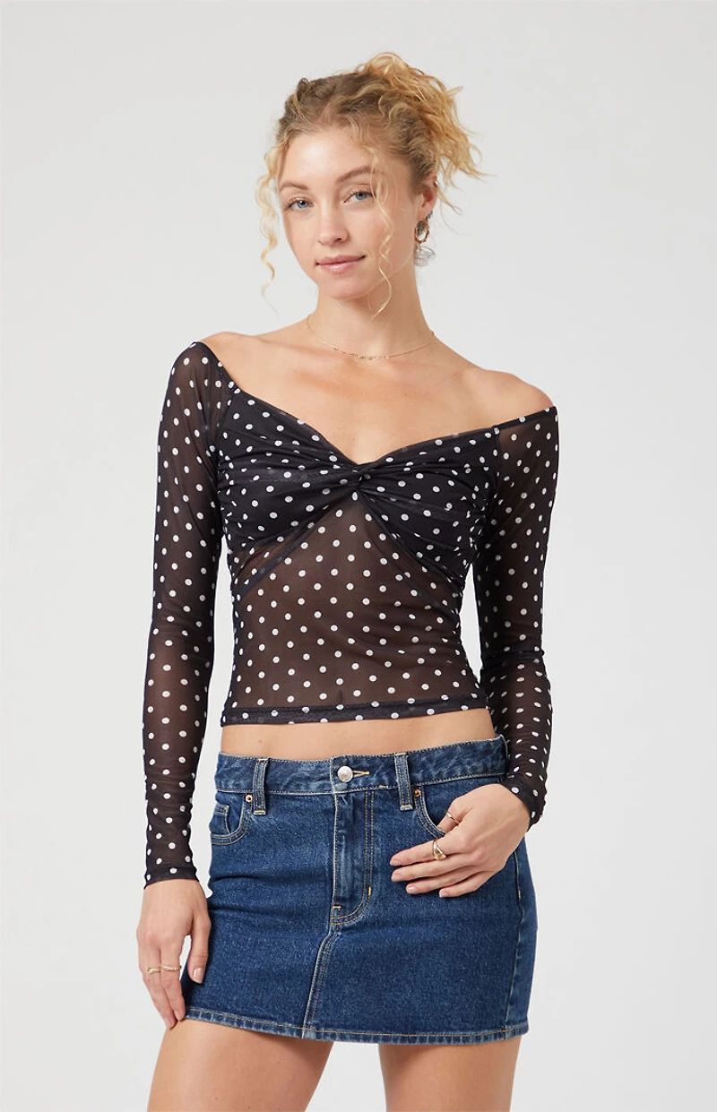 Beverly and Beck Lola Polka Dot Long Sleeve Off-The-Shoulder Top