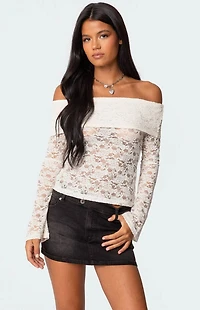 Edikted Ashley Off Shoulder Sheer Lace Top