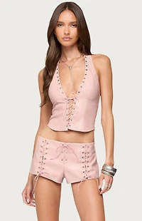 Edikted Elisha Lace Up Faux Leather Halter Top