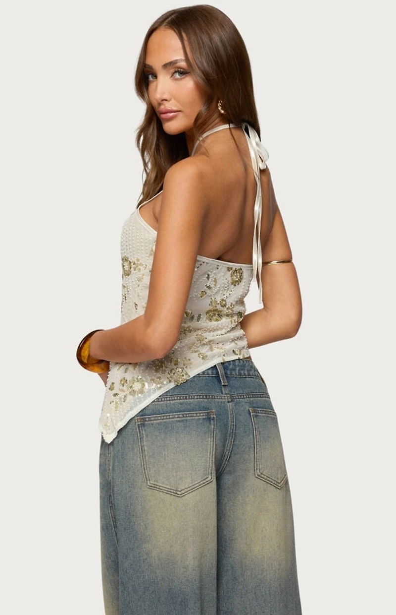 Edikted Beaded Sequin Asymmetric Halter Top