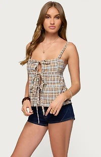 Edikted Mirena Tie Front Plaid Top