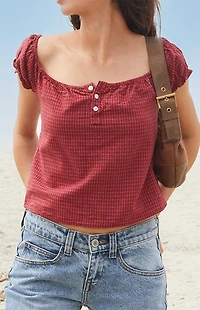 John Galt Red Plaid Clarisse Off-The-Shoulder Top