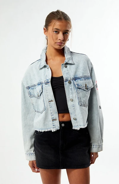 HYPE & VICE Ohio State Buckeyes Frayed Cropped Denim Jacket