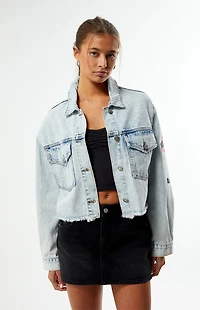 HYPE & VICE Ohio State Buckeyes Frayed Cropped Denim Jacket