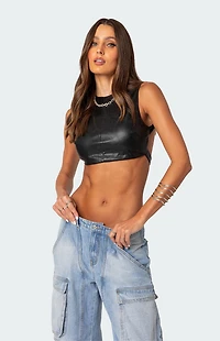 Edikted Porsha Open Back Faux Leather Crop Top