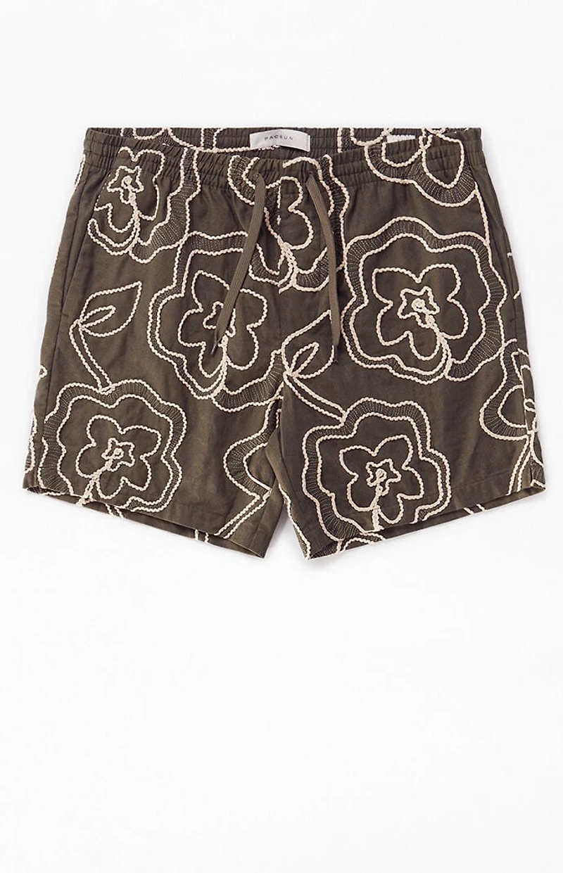 Pacsun Olive Floral Embroidered Volley Shorts