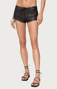 Edikted Lace Up Faux Leather Micro Shorts
