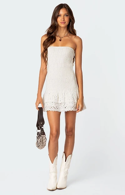 Edikted Livia Lacey Cotton Scrunch Mini Dress
