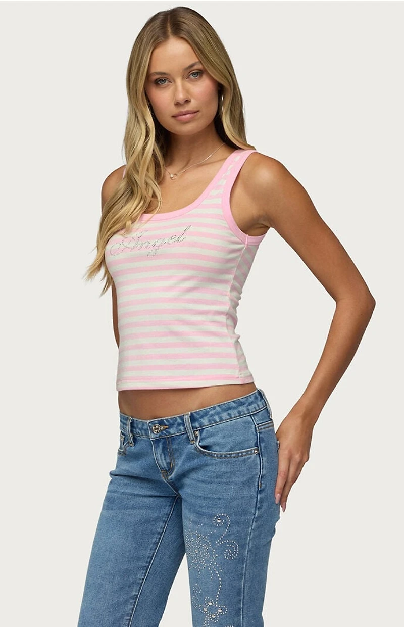Edikted Angel Glow Rhinestone Striped Tank Top