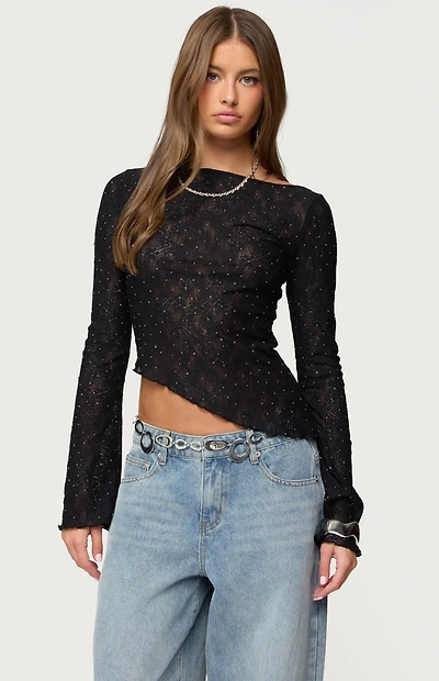 Edikted Mare Asymmetric Gem Sheer Lace Top