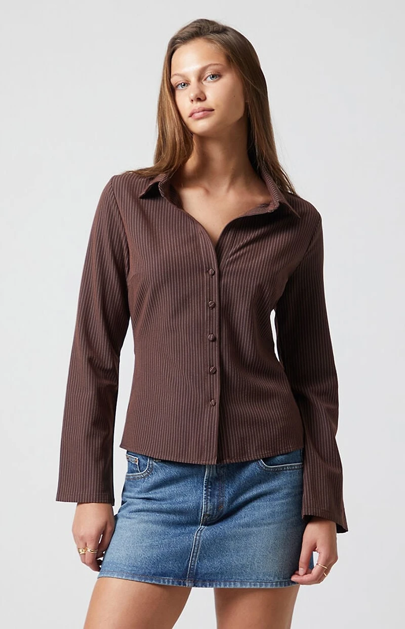 Beverly and Beck Polly Pinstripe Button Up Long Sleeve Top