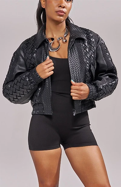 AZALEA WANG Alonso Black Faux Leather Bomber Jacket