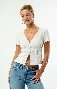 Beverly and Beck Claire Short Sleeve Button Front Top