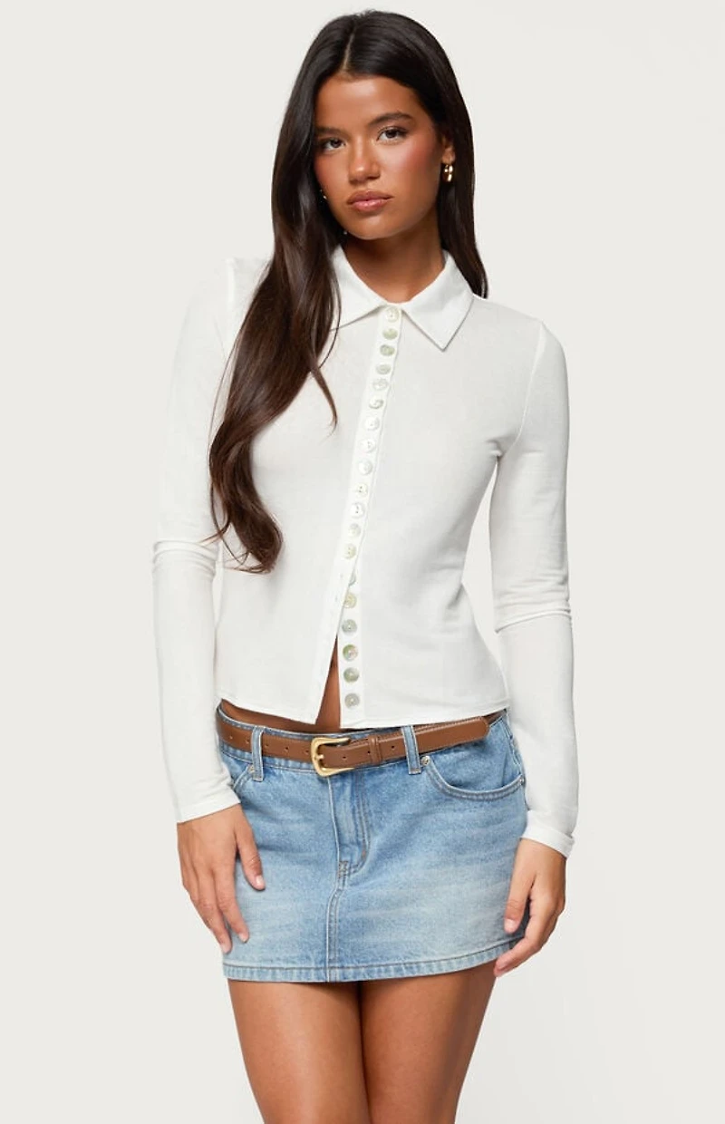 Edikted Pennie Iridescent Button Up Shirt