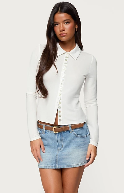 Edikted Pennie Iridescent Button Up Shirt