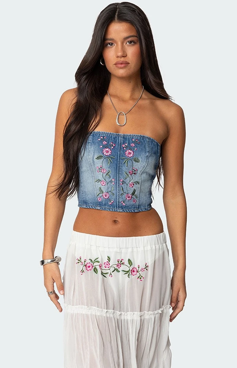 Edikted Tula Embroidered Denim Corset
