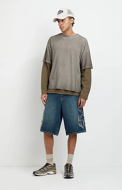 Pacsun Austin Extreme Baggy Jean Shorts Cyber Applique Dark Blue