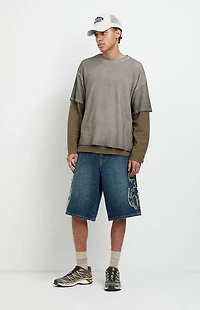 Pacsun Austin Extreme Baggy Jean Shorts Cyber Applique Dark Blue