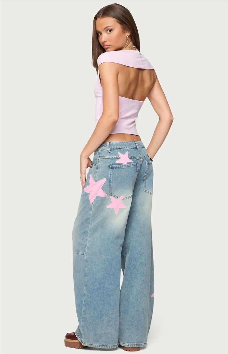 Edikted Trish Satin Effect Stars Low Rise Jeans