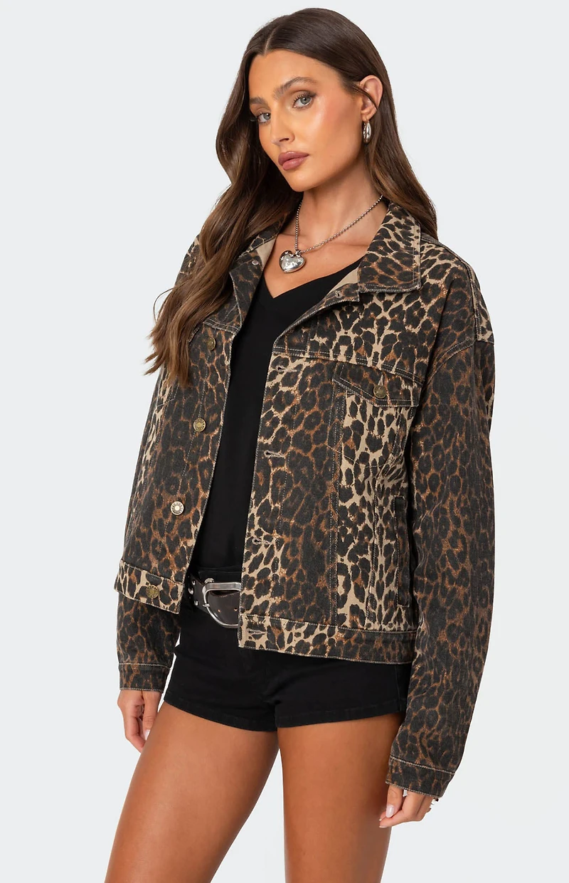 Edikted Leopard Print Denim Jacket