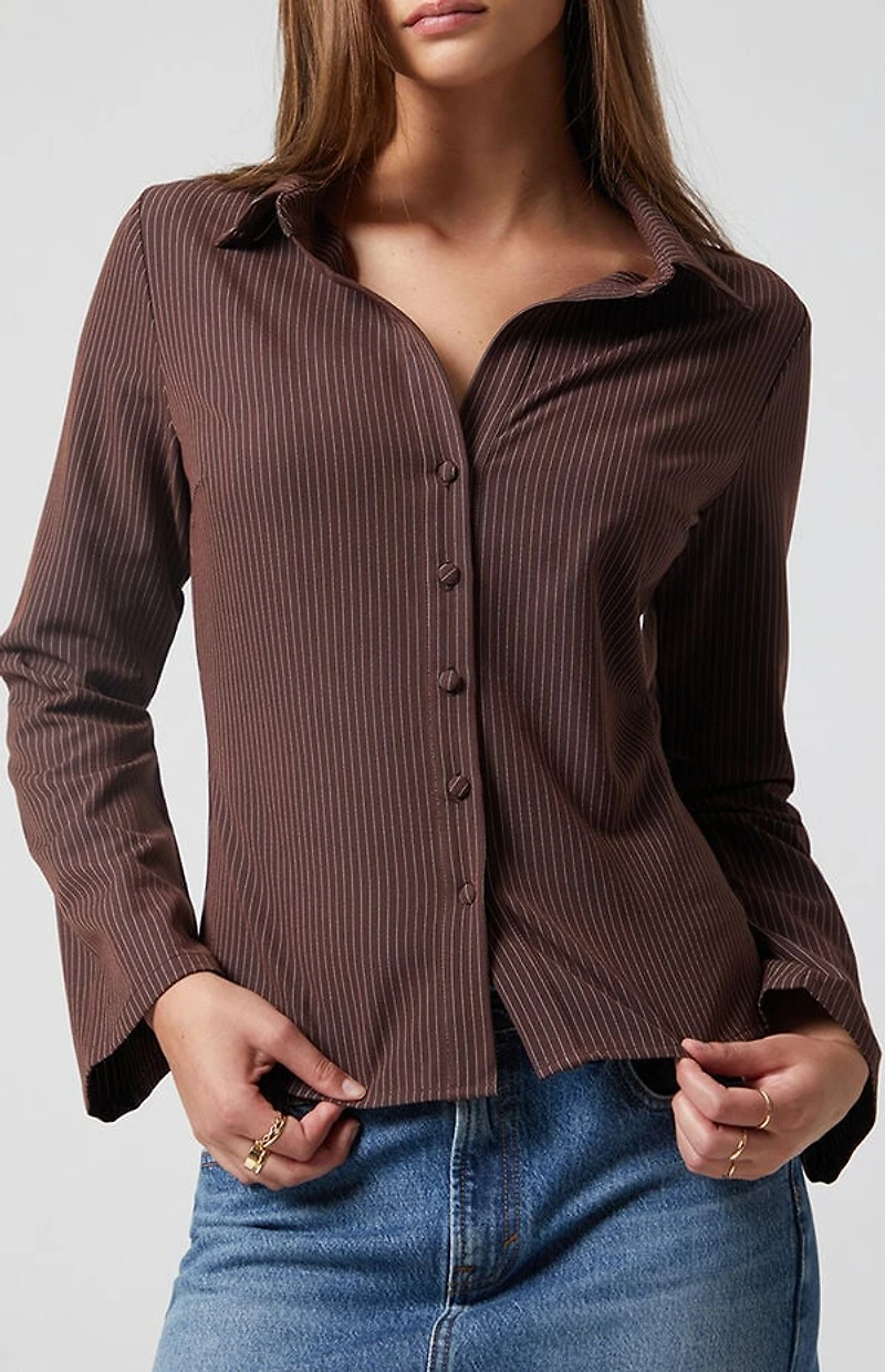 Beverly and Beck Polly Pinstripe Button Up Long Sleeve Top