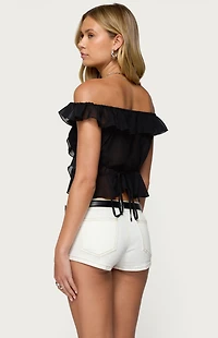 Edikted Sheer Chiffon Ruffled Off Shoulder Top