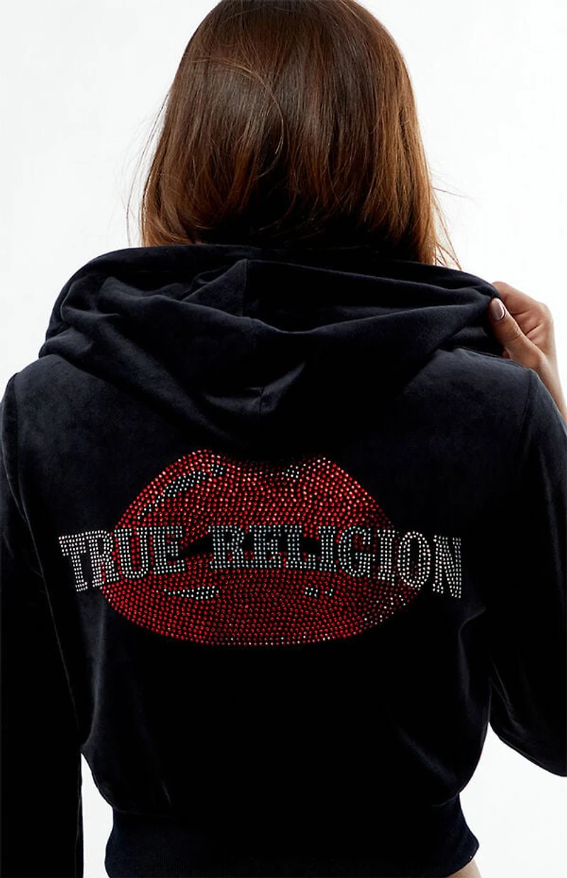 True Religion Crystal Lips Velour Shrunken Zip Up Hoodie