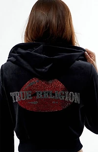 True Religion Crystal Lips Velour Shrunken Zip Up Hoodie