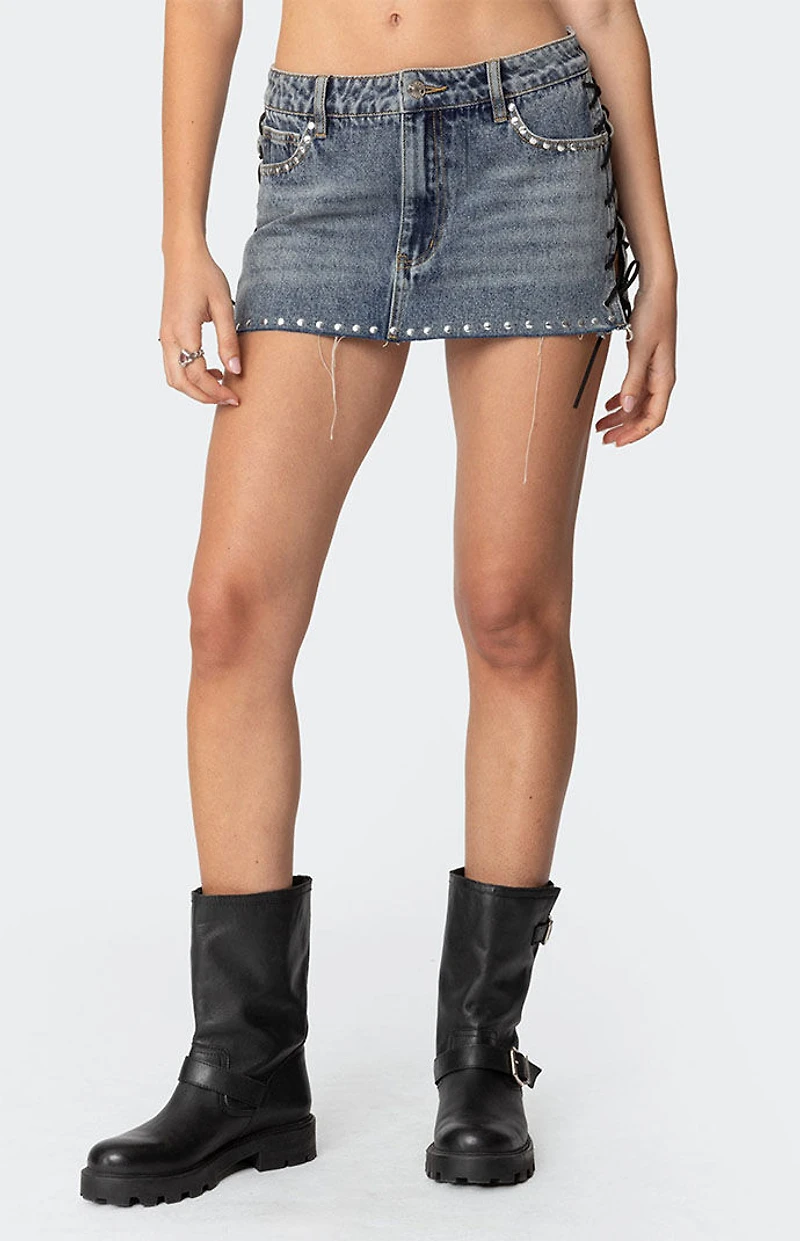 Edikted Casey Lace Up Denim Mini Skirt