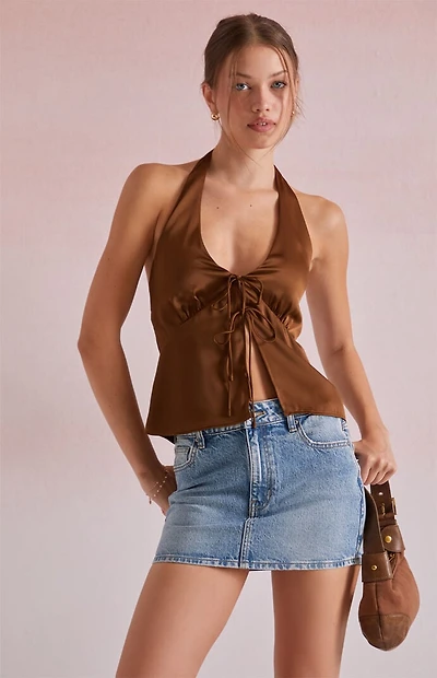 Beverly and Beck Celine Satin Tie Front Halter Top