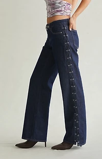 Pacsun Zoe Low Rise Girlfriend Jeans Lace-Up Side Dark Blue