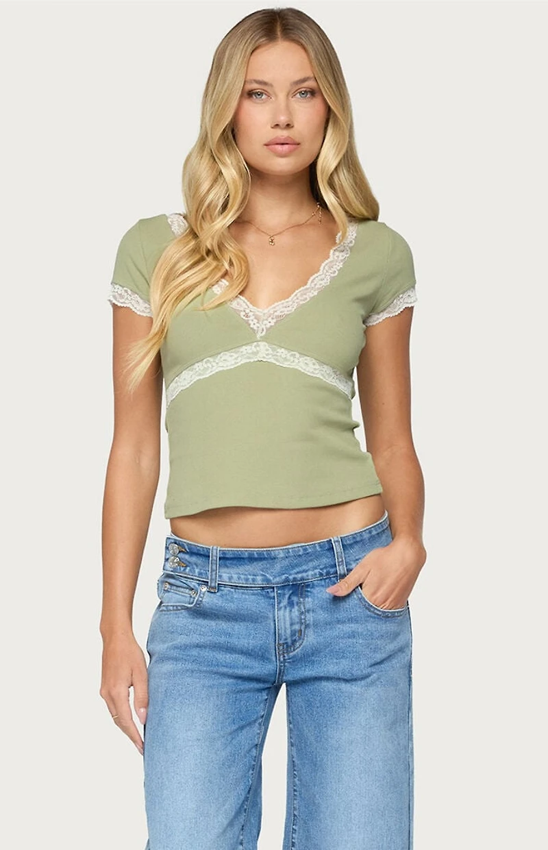 Edikted Juli Lacey Ribbed V Neck Top