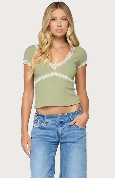 Edikted Juli Lacey Ribbed V Neck Top