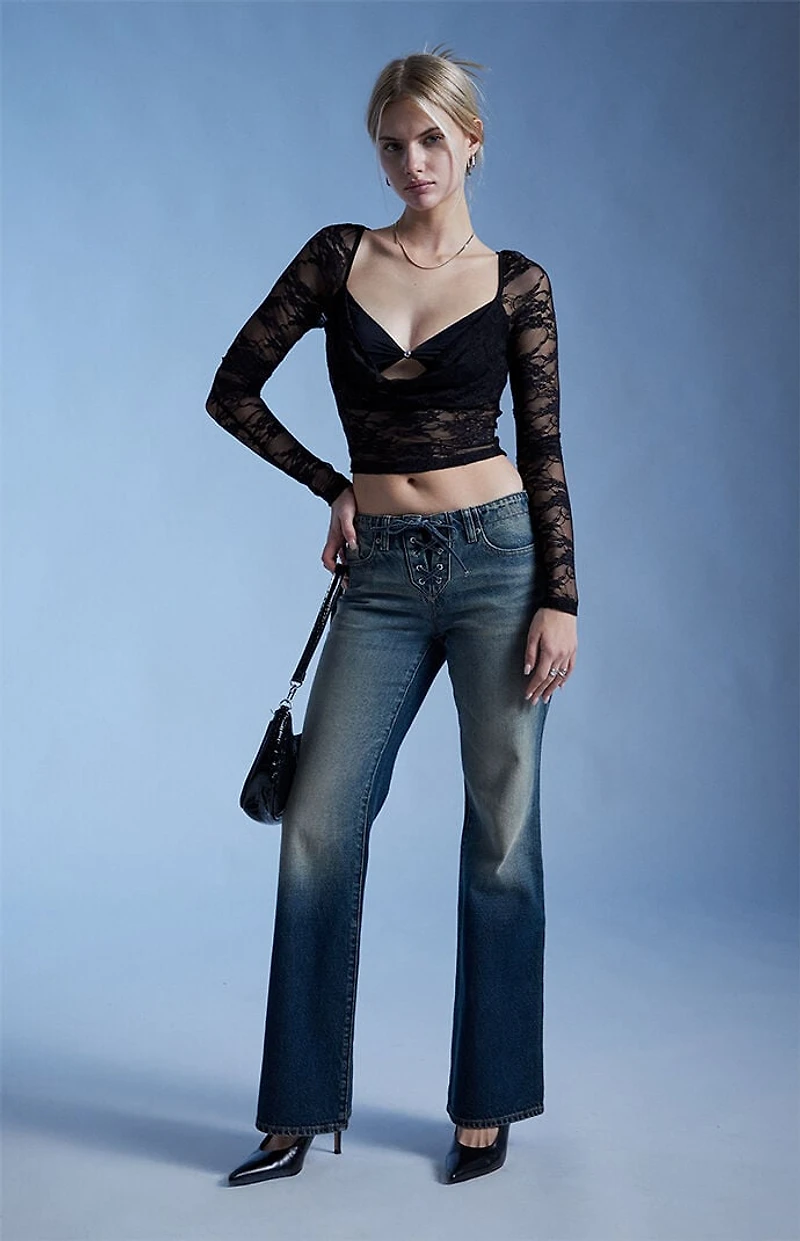 Third Charm Andrea Lace Bead Center Long Sleeve Top