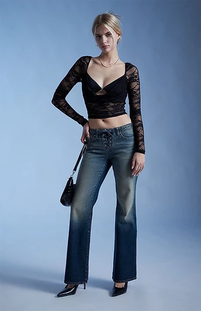 Third Charm Andrea Lace Bead Center Long Sleeve Top