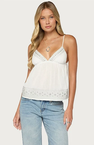 Edikted Shilah Embroidered Cotton Babydoll Top