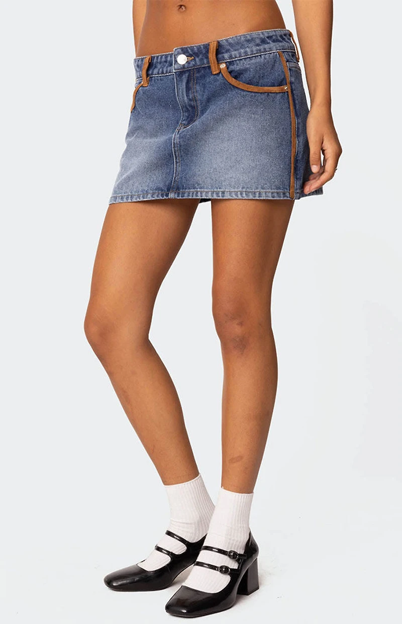 Edikted Vera Suede Trim Denim Mini Skirt