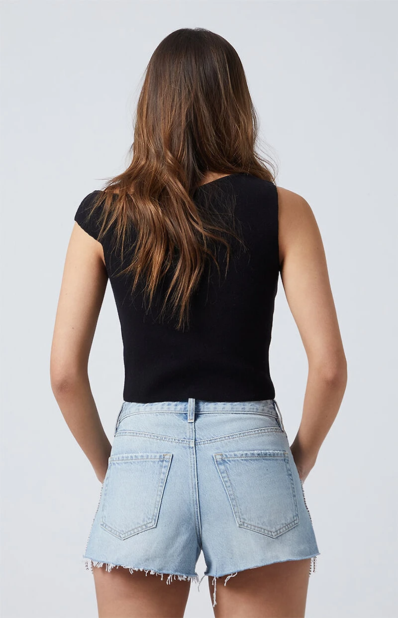 Pacsun Light Indigo Rhinestone Fringe High Waisted Denim Festival Shorts