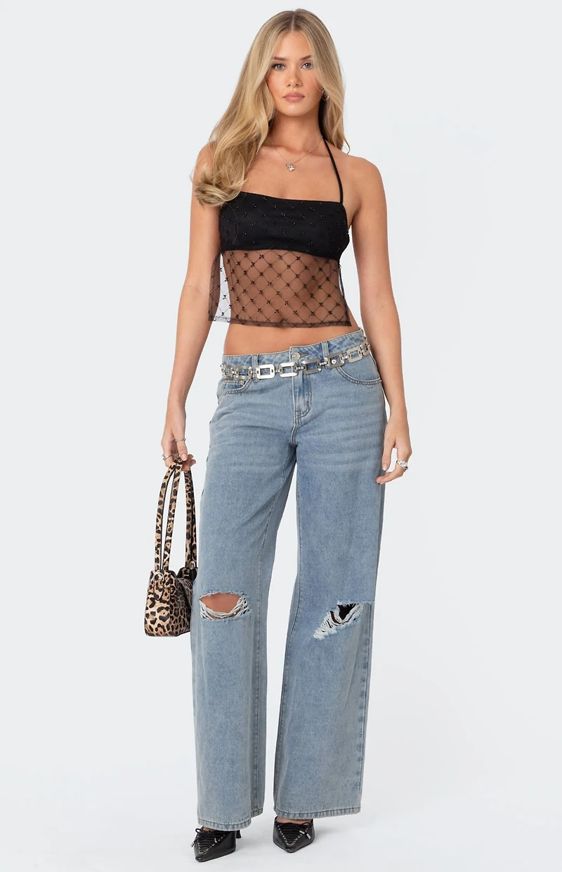 Edikted Sheer Sequin Backless Top