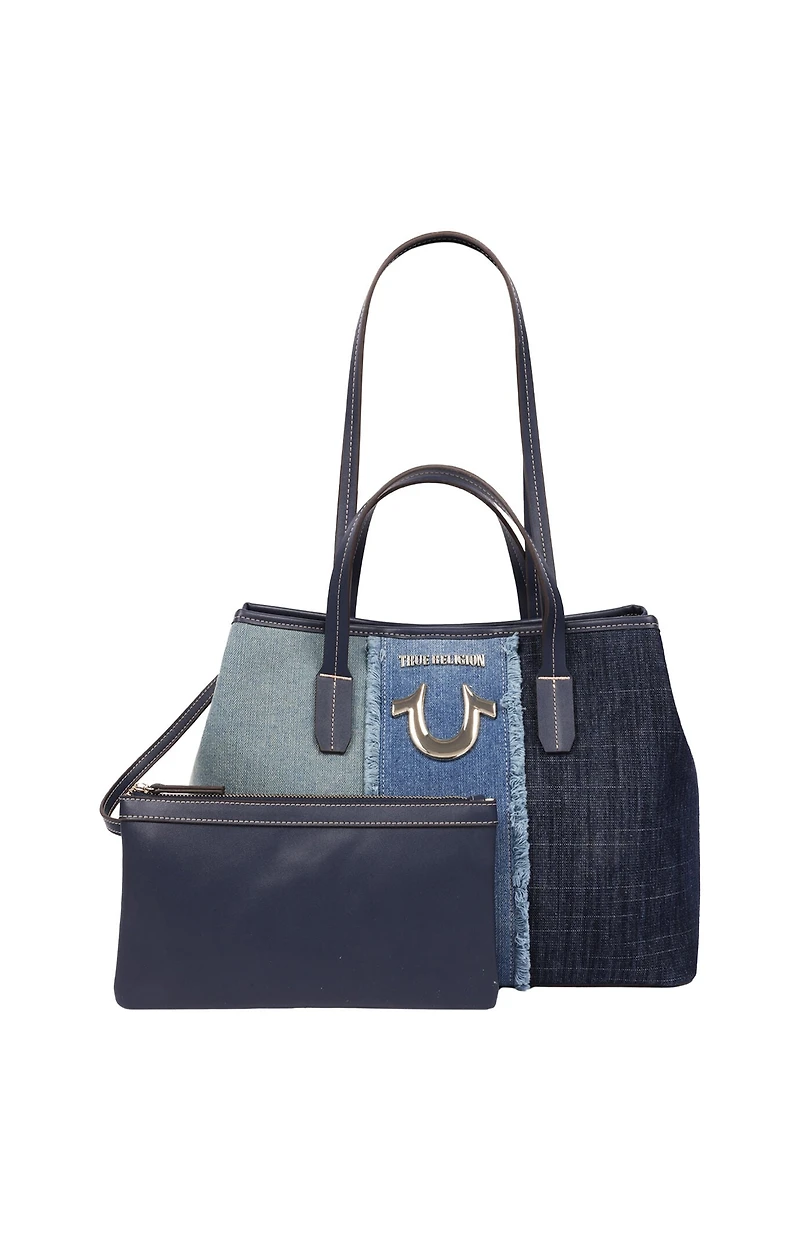 True Religion Frayed Denim Horseshoe Tote Bag
